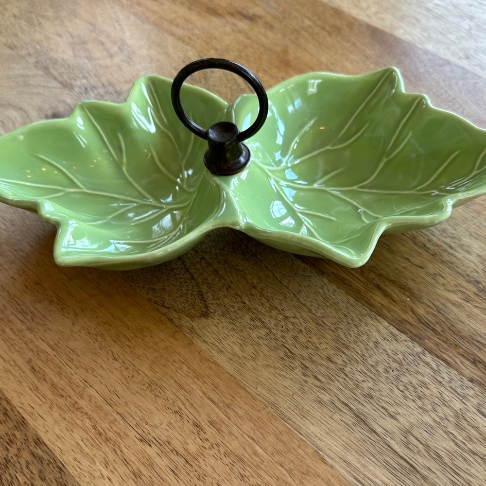Vintage lime green leaf,  candy/nut dish. Made in the USA.